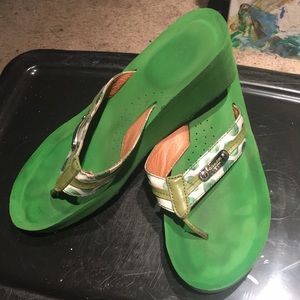 COACH 2” wedge bright green flip flops. US 10